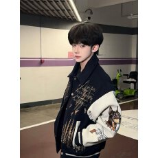 批发美式高街重工涂鸦字母刺绣外套男款秋季宽松高级感翻领夹克棒球服