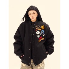 批发2026美式复古高街黑八刺绣徽章字母宽松夹克棒球服男女情侣秋冬季