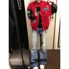 批发美式高街重磅撞色pu皮拼接棒球服男秋冬红色字母刺绣夹克外套潮牌