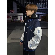 批发美式潮流痞帅雪花刺绣棒球服男春秋季设计感撞色钉珠宽松夹克外套