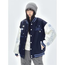美式复古雪花字母刺绣棒球服夹克女春秋新款国潮百搭宽松情侣外套