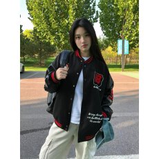 批发春秋美式国潮高街徽章拼接撞色皮袖棒球服夹克外套男女宽松情侣潮