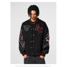 美式vibe字母刺绣棒球服男款春季pu皮拼接外套超好看情侣飞行夹克