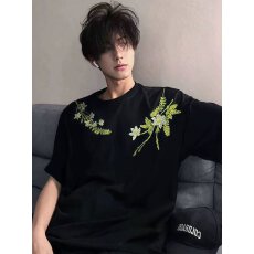 美式高街花卉刺绣短袖t恤男女夏季潮牌宽松oversize重磅纯棉上衣
