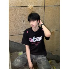 美式潮牌字母刺绣短袖T恤男款夏季宽松黑色重磅纯棉情侣高街上衣