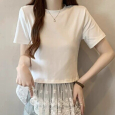 批发<b class='q'>新款</b>显瘦纯色拼接蕾丝花边短袖女装夏季打底内搭小众设计感上衣服