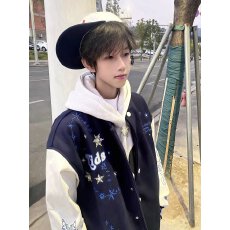 批发美式潮流痞帅雪花刺绣棒球服男春<b class='q'>秋</b>季设计感撞色钉珠宽松夹克外套