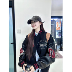 批发美式复古重磅字母刺绣棒球服外套hiphop撞色拼接夹克宽松休闲上衣