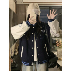 国潮雪花珍珠刺绣字母棒球服外套女2026春季新款美式复古情侣夹克