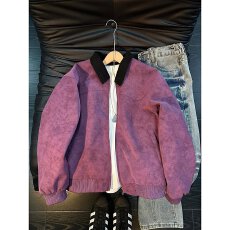 批发美式紫色扎染PU皮翻领夹克男春秋季高级感痞帅棒球服短款工装外套