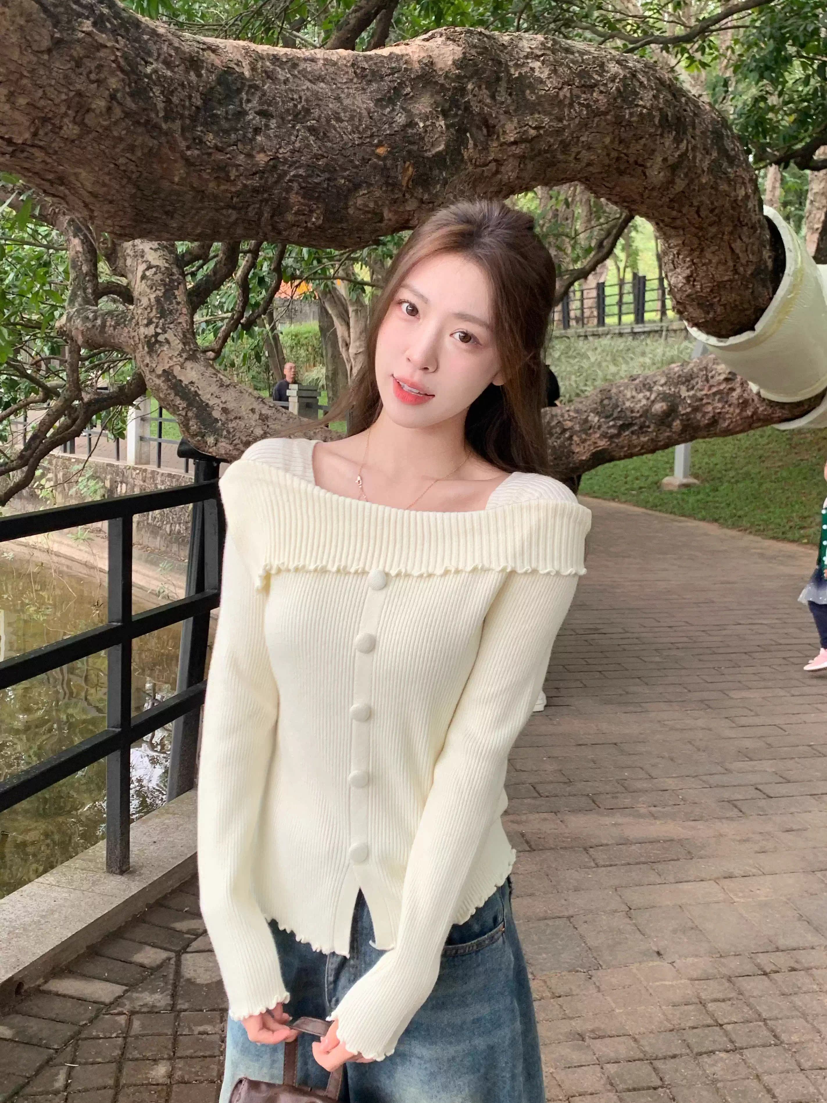 MY14264# 韩系一字肩木耳边打底衫女纯欲内搭毛衣燕麦色开叉针织上衣女...