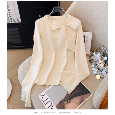 批发法式气质蝴蝶结拼纱长袖T恤女秋季新款内搭<b class='q'>打底</b>衫泡泡袖短款