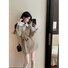 批发慵懒风<b class='q'>韩版</b>假两件衬衫拼接系带收腰针织连衣裙女秋冬短款毛衣裙女