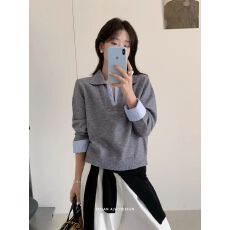 秋季新款韩版设计感条纹拼接袖口翻领百搭假两件针织衫女