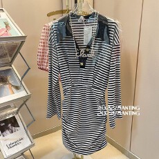 批发2025秋季新款日系慵懒风Polo领条纹撞色针织裙子修身显瘦<b class='q'>连衣裙</b>女
