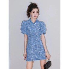 批发2025春夏新款复古中国风改良版旗袍<b class='q'>牛仔裙</b>小众设计气质提花连衣裙