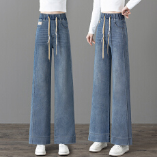 批发信用极好 实拍<b class='q'>松紧</b>高腰<b class='q'>牛仔裤</b>女2025新款直筒长裤休闲垂感阔腿裤