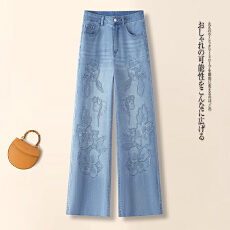 批发信用极好实拍花朵刺绣阔腿牛仔裤女2026春夏季<b class='q'>高腰</b>宽松拖地大脚裤