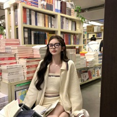 批发miu系穿搭小香风针织开衫女<b class='q'>春</b>秋新款辣妹气质吊带包臂半裙三件套