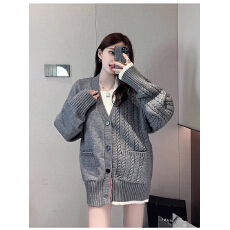 批发学院风灰色毛衣开衫外套女<b class='q'>春</b>秋2025新款慵懒风v领针织衫宽松外