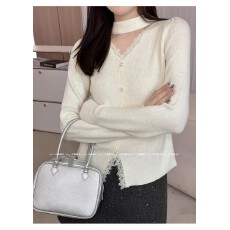 批发2025蕾丝花边V领针织上衣女秋冬设计感挂脖<b class='q'>打底衫</b>