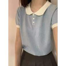 批发2026春夏撞色娃娃领针织女百搭减龄纽扣正肩短袖上衣