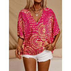 批发2025<b class='q'>欧美</b>跨境Tiktok休闲衬衫V领印花度假<b class='q'>风格</b>蝙蝠袖上衣