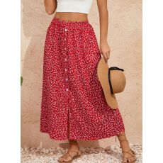 批发已出货2025新款跨境欧美印花裙排扣系带长裙<b class='q'>夏</b>田园a字裙半身裙