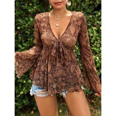 批发已出货<b class='q'>欧美</b>跨境新款百搭网纱印花深V领修身长袖上衣亚马逊独立站