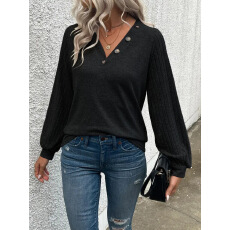 批发已出货2026亚马逊跨境<b class='q'>欧美</b>秋季新款纽扣装饰拼接V领<b class='q'>T</b><b class='q'>恤</b>套头衫<b class='q'>女</b>