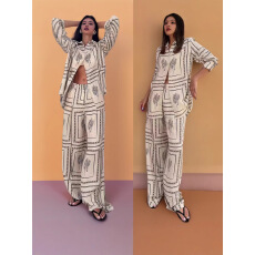 批发已出货跨境亚马逊2025秋新款欧美风气质长袖印衬衫时尚套装独立站