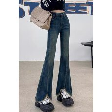 批发量大更优惠 美式高街复古设计感牛仔裤女新款高腰显瘦潮牌开叉拉