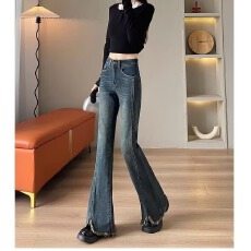 批发量大更优惠 美式高街复古设计感牛仔裤女新款高腰显瘦潮牌开叉拉