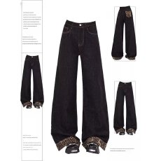 批发量大更优惠 大码黑色豹紋格子翻边牛仔裤女胖mm复古设计感高腰