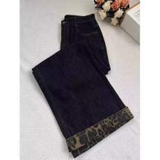 批发量大更优惠 大码黑色豹紋格子翻边牛仔裤女胖mm复古设计感高腰