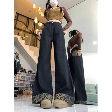 批发量大更优惠 大码黑色豹紋格子翻边牛仔裤女胖mm复古设计感高腰