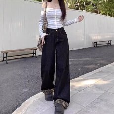 批发量大更优惠 大码黑色豹紋格子翻边牛仔裤女胖mm复古设计感高腰