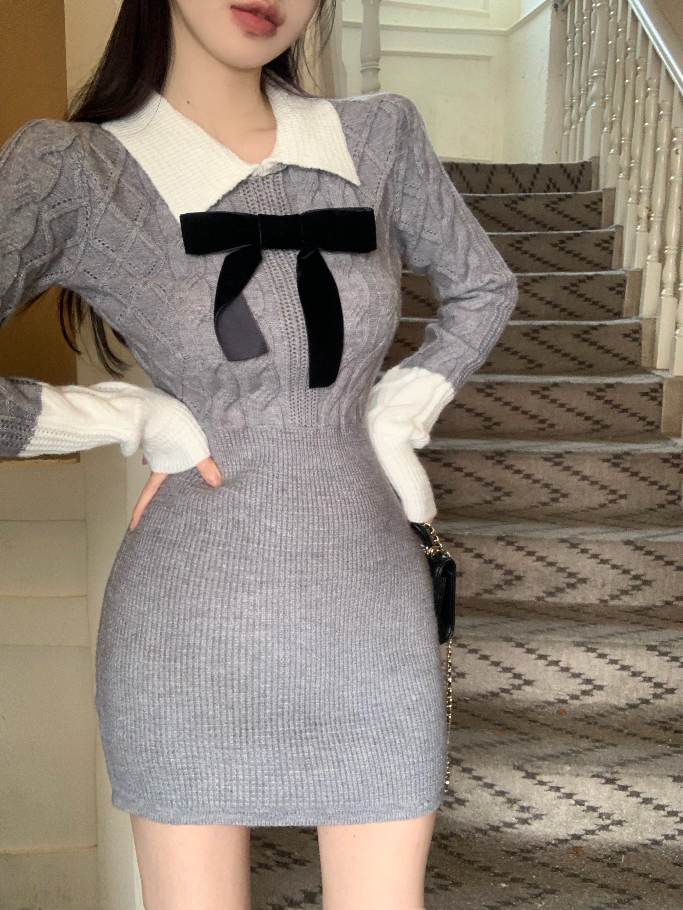 针织连衣裙女秋冬学院风裙子Polo领内搭长袖毛衣裙