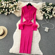 批发跨境2025秋冬新款法式风修身纯色针织毛衣裙打底外穿中长款<b class='q'>连衣裙</b>