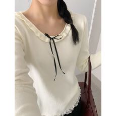 批发2025秋冬新款法式蝴蝶结<b class='q'>蕾丝</b>拼接针织打底衫女秋季新款设计感显瘦