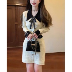 批发名媛范气质小香风修身<b class='q'>连衣裙</b>女装秋冬新款时尚蝴蝶结打底针织裙子