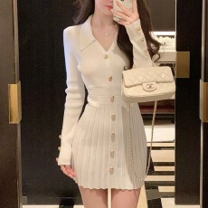 批发秋冬季法式小香风长袖针织<b class='q'>连衣裙</b>女收腰修身显瘦打底内搭毛衣短裙