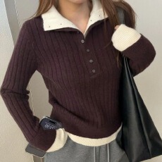 批发复古洋气<b class='q'>假两件</b>双翻领针织毛衣女冬季休闲百搭撞色打底衫长袖<b class='q'>上衣</b>