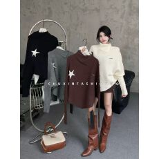 批发2025秋装新款毛衣韩系高领<b class='q'>不规则</b>五角星蝙蝠袖宽松毛衣毛衣