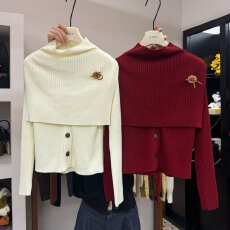 批发秋上新韩系简约开衫<b class='q'>针织</b>衫+优雅披风两件套<b class='q'>套装</b>