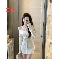 批发2025新款韩国一字领露肩针织毛衣连衣裙秋冬小个子心机<b class='q'>OL</b>小香风裙