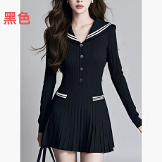 批发韩国复古海军领针织连衣裙女秋冬时髦赫本风小个子超好看百褶裙子