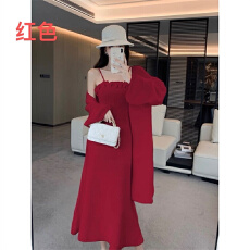 批发温柔风气质长款修身显瘦荷叶边吊带裙两件套秋冬<b class='q'>宽松</b>针织开衫套装