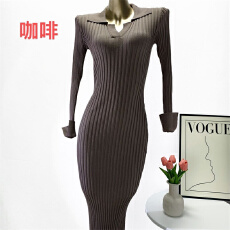 批发欧美风修身显瘦POLO领弹力针织连衣裙秋冬款过膝开叉包臀<b class='q'>打底裙</b>