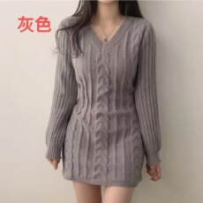 批发韩国chic秋季温柔气质V领麻花纹设计修身显瘦长袖A字型针织<b class='q'>连衣裙</b>